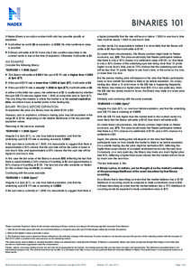 BINARIES 101 A Nadex Binary is an option contract with only two possible payoffs at expiration. It will either be worth $0 at expiration, or $100. No other settlement value is possible. A