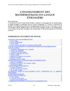 Document de travail / DNL mathématiques / validé par les groupes des langues vivantes et de mathématiques de l’IGEN  L’ENSEIGNEMENT DES MATHÉMATIQUES EN LANGUE ÉTRANGÈRE Note préliminaire :