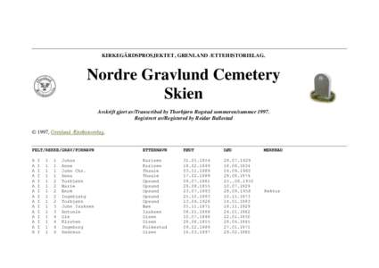 KIRKEGÅRDSPROSJEKTET, GRENLAND ÆTTEHISTORIELAG.  Nordre Gravlund Cemetery Skien Avskrift gjort av/Transcribed by Thorbjørn Rogstad sommeren/summerRegistrert av/Registered by Reidar Ballestad