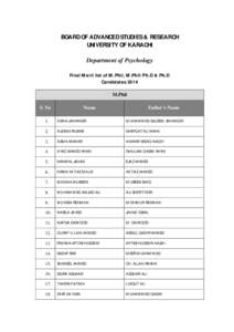 BOARD OF ADVANCED STUDIES & RESEARCH UNIVERSITY OF KARACHI Department of Psychology Final Merit list of M.Phil, M.Phil/Ph.D & Ph.D Candidates 2014