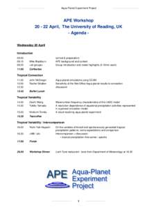 Aqua-Planet Experiment Project  APE WorkshopApril, The University of Reading, UK - Agenda Wednesday 20 April Introduction