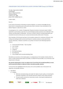 HED[removed]INDEPENDENT POLYESTER INSULATION CONTRACTORS Group of AUSTRALIA The Hon. Greg Combet AM MP PO BOX 6022 House of Representatives