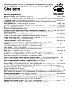 Shelter listings for Metro Vancouver, as of September 28, 2010: Please print on yellow paper. Updates at www.gvss.ca Shelters are 24 hour beds, 3 meals unless otherwise specified. Shelters Adults (all genders) Aboriginal