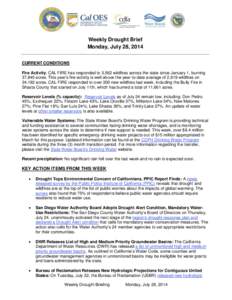 Weekly Drought Brief Monday, July 28, 2014 CURRENT CONDITIONS Fire Activity: CAL FIRE has responded to 3,562 wildfires across the state since January 1, burning 37,840 acres. This year’s fire activity is well above the