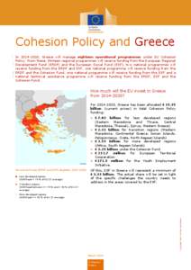 Cohesion Policy and Greece In[removed], Greece will manage eighteen operational programmes under EU Cohesion Policy. From these, thirteen regional programmes will receive funding from the European Regional Development F