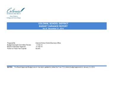 COLONIAL SCHOOL DISTRICT BUDGET VARIANCE REPORT As of December 31, 2013 Prepared By: Budget Oversight Committee Review: