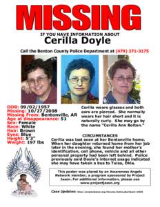 IF YOU HAVE INFORMATION ABOUT  Cerilla Doyle Call the Benton County Police Department at[removed]