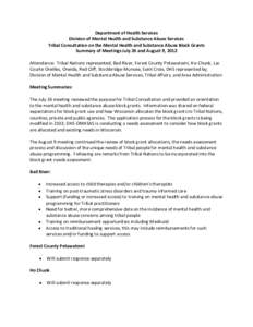 Department of Health Services Division of Mental Health and Substance Abuse Services Tribal Consultation on the Mental Health and Substance Abuse Block Grants Summary of Meetings July 26 and August 9, 2012 Attendance: Tr