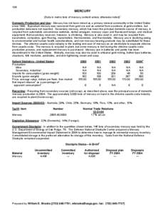 106  MERCURY (Data in metric tons of mercury content unless otherwise noted)1 Domestic Production and Use: Mercury has not been mined as a primary mineral commodity in the United States since[removed]Byproduct mercury was 