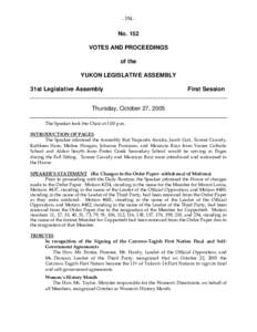 - [removed]No. 152 VOTES AND PROCEEDINGS of the YUKON LEGISLATIVE ASSEMBLY