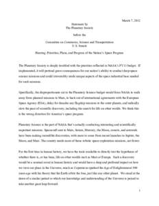 March 7, 2012 Statement by The Planetary Society before the Committee on Commerce, Science and Transportation U.S. Senate