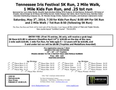 Tennessee Iris Festival 5K Run, 2 Mile Walk, 1 Mile Kids Fun Run, and .25 tot run Sponsored by: Larry Jolley Realty, RoadID, Spain Brothers Milling, MTD Products, JD Distributors, McDonald’s, EW James of (Fun Run/ Walk