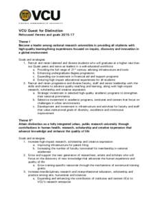 VCU Quest for Distinction Refocused themes and goalsTheme I Become a leader among national research universities in providing all students with high-quality learning/living experiences focused on inquiry, discov