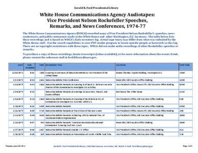 Gerald R. Ford Presidential Library  White House Communications Agency Audiotapes: Vice President Nelson Rockefeller Speeches, Remarks, and News Conferences, [removed]The White House Communications Agency (WHCA) recorded 