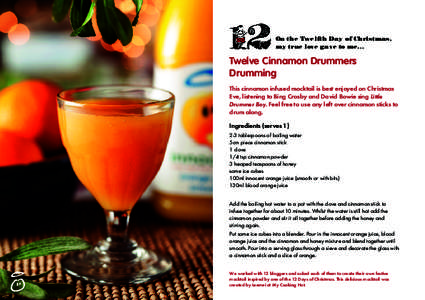 On the Twelfth Day of Christmas, my true love gave to me… Twelve Cinnamon Drummers Drumming This cinnamon infused mocktail is best enjoyed on Christmas