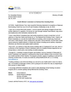 STATEMENT For Immediate Release 2014HLTH0007[removed]Jan. 20, 2014  Ministry of Health