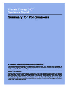 Climate Change 2007: Synthesis Report Summary for Policymakers  An Assessment of the Intergovernmental Panel on Climate Change