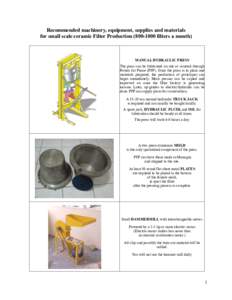 Recommended machinery, equipment, supplies and materials for small scale ceramic Filter Production[removed]filters a month) MANUAL HYDRAULIC PRESS The press can be fabricated on site or sourced through Potters for Peac
