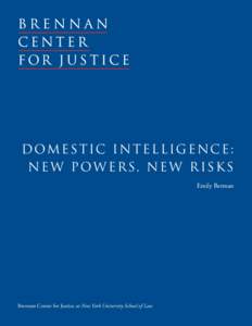 DOMESTIC INTELLIGENCE: NE W POWERS, NE W RISKS Emily Berman Brennan Center for Justice at New York University School of Law