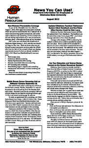 News You Can Use!  Important Information for Employees of Oklahoma State University August 2012 New Womens’ Preventative Coverage