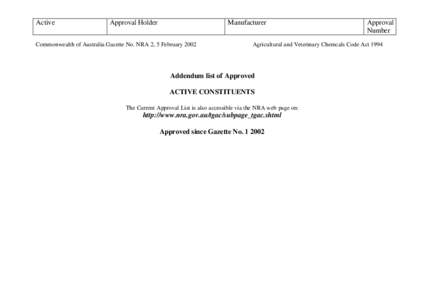 Addendum List of Approved Active Constituents - APVMA Gazette No. 2, 5 February 2002