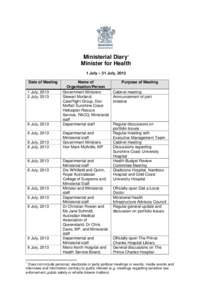 Ministerial Diary1 Minister for Health 1 July – 31 July, 2013 Date of Meeting 1 July, [removed]July, 2013