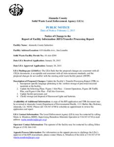 Alameda County Solid Waste Local Enforcement Agency (LEA) PUBLIC NOTICE  Date of Notice: February 2, 2015