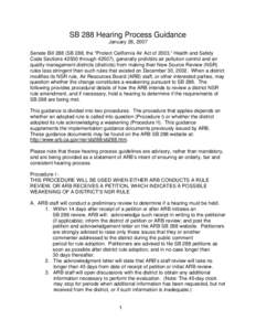 SB 288 Hearing Process Guidance January 26, 2007 Senate Bill 288 (SB 288, the “Protect California Air Act of 2003,” Health and Safety Code Sections[removed]through 42507), generally prohibits air pollution control and 