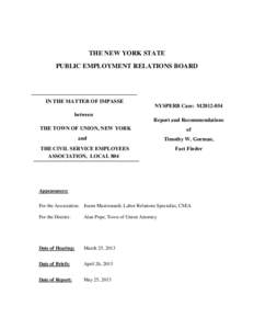 THE NEW YORK STATE PUBLIC EMPLOYMENT RELATIONS BOARD IN THE MATTER OF IMPASSE  NYSPERB Case: M2012-054