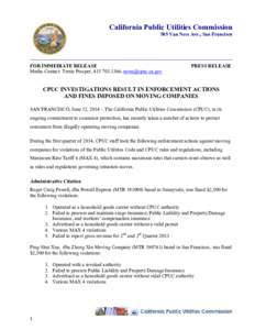 California Public Utilities Commission 505 Van Ness Ave., San Francisco _________________________________________________________________________________ FOR IMMEDIATE RELEASE Media Contact: Terrie Prosper, [removed],