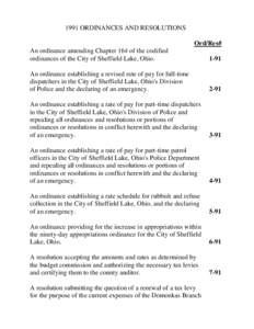 1991 ORDINANCES AND RESOLUTIONS Ord/Res# An ordinance amending Chapter 164 of the codified ordinances of the City of Sheffield Lake, Ohio
