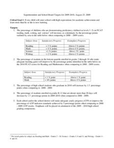 Superintendent and School Board Targets for[removed], August 25, 2009 Critical Goal 1: Every child will enter school with high expectations for academic achievement and learn more than he or she is now learning. Targets