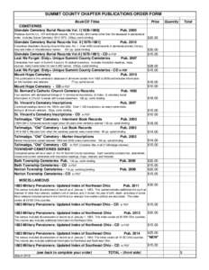 SUMMIT COUNTY CHAPTER PUBLICATIONS ORDER FORM Book/CD Titles CEMETERIES Glendale Cemetery Burial Records Vol. IPrice