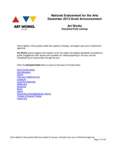 National Endowment for the Arts December 2013 Grant Announcement Art Works Discipline/Field Listings  Some details of the projects listed are subject to change, contingent upon prior Endowment