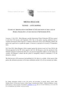 Tribunal Arbitral du Sport  Court of Arbitration for Sport MEDIA RELEASE TENNIS – ANTI-DOPING