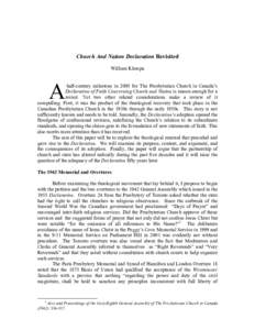 Church And Nation Declaration Revisited William Klempa A  half-century milestone in 2005 for The Presbyterian Church in Canada’s