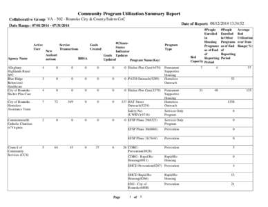 Community Program Utilization Summary Report Collaborative Group VARoanoke City & County/Salem CoC Date Range: Active User