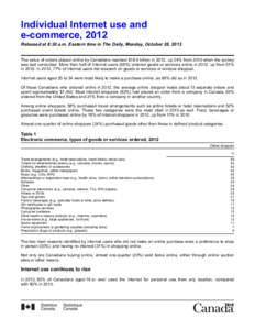 Individual Internet use and e-commerce, 2012 Released at 8:30 a.m. Eastern time in The Daily, Monday, October 28, 2013 The value of orders placed online by Canadians reached $18.9 billion in 2012, up 24% from 2010 