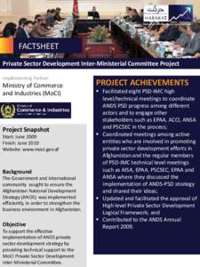 Afghanistan Investment Climate Facility Organization  FACTSHEET Private Sector Development Inter-Ministerial Committee Project Implementing Partner