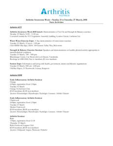 Arthritis Awareness Week – Sunday 21 to Saturday 27 March, 2010 State Activities Arthritis ACT Arthritis Awareness Week 2010 launch: Demonstration of Tai Chi and Strength & Balance exercises. Monday 22 March, 10:30 - 1