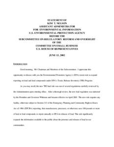 STATEMENT OF KIM T. NELSON ASSISTANT ADMINISTRATOR FOR ENVIRONMENTAL INFORMATION U.S. ENVIRONMENTAL PROTECTION AGENCY BEFORE THE