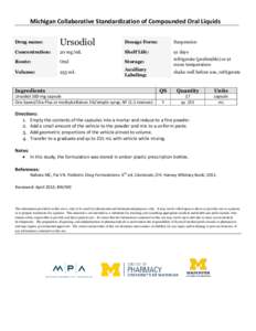 Michigan Collaborative Standardization of Compounded Oral Liquids Drug name: Ursodiol  Dosage Form: