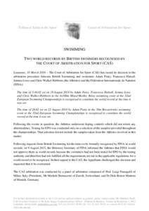 Tribunal Arbitral du Sport  Court of Arbitration for Sport SWIMMING TWO WORLD RECORDS BY BRITISH SWIMMERS RECOGNISED BY
