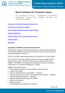 Pre transfusion testing – Completion of PathWest transfusion request form, sample collection and identification policy