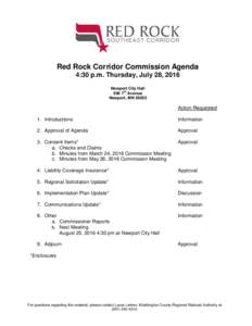 Red Rock Corridor Commission Agenda 4:30 p.m. Thursday, July 28, 2016 Newport City Hall thAvenue Newport, MN 55055