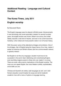 Additional Reading - Language and Cultural Context! ! The Korea Times, July 2011! English worship!