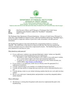 State of Washington  DEPARTMENT OF FINANCIAL INSTITUTIONS DIVISION OF CREDIT UNIONS P.O. Box 41200  Olympia, Washington  [removed]Courier Address: 150 Israel Rd. SW  Tumwater, WA  [removed]