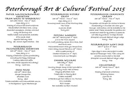 Peterborough Art & Cultural Festival[removed]Papier Mache/Wireworks Exhibition ‘From Waste to Wonderful’ Sat 28th March - Mon 6th April