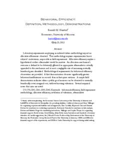 Behavioral Efficiency: Definition, Methodology, Demonstrations Ronald M. Harstad* Economics, University of Missouri [removed] ©July 25, 2012