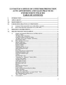 GOVERNOR’S OFFICE OF CONSUMER PROTECTION AUTO ADVERTISING AND SALES PRACTICES ENFORCEMENT POLICIES TABLE OF CONTENTS I.